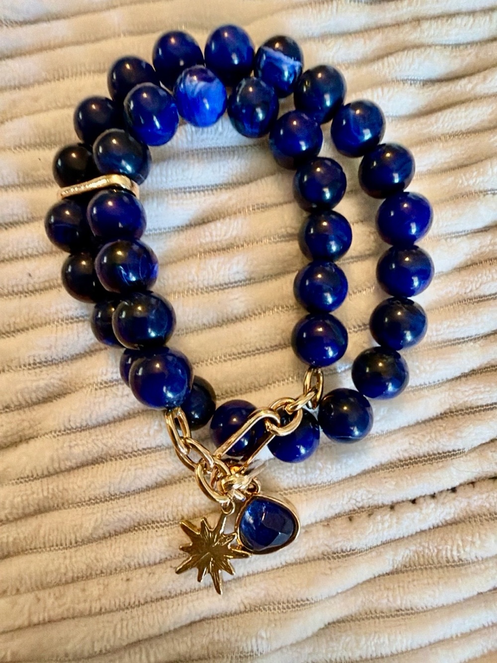 Gold Charm Blue Beaded Double Strand Bracelet